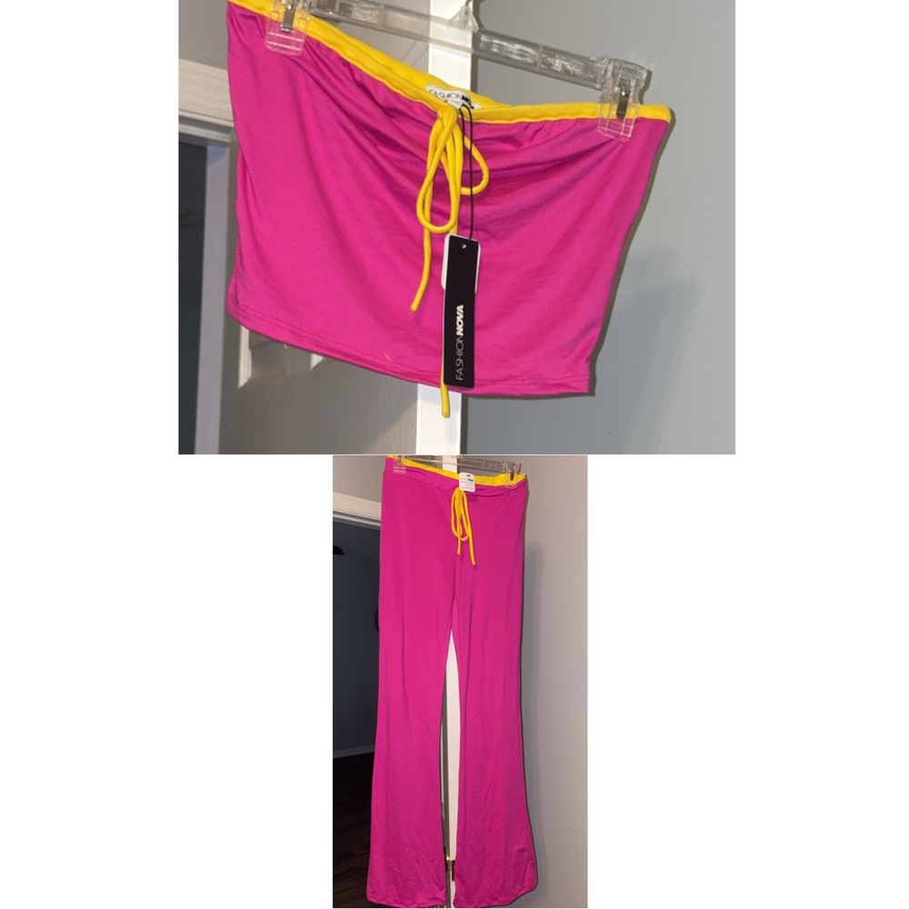 Pink and Yellow crop top two piece set